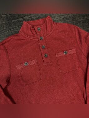 Lucky Brand Mens Sweater Small Maroon Botton High Neck Chest Pockets Cotton